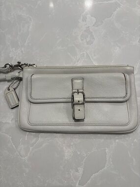 Coach White Leather Wristlet with Front Buckle Pocket